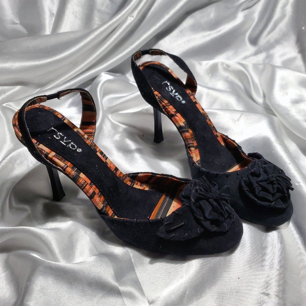 NEW RSVP black suede leather sling back high heel pumps with floral bows SZ 7.5